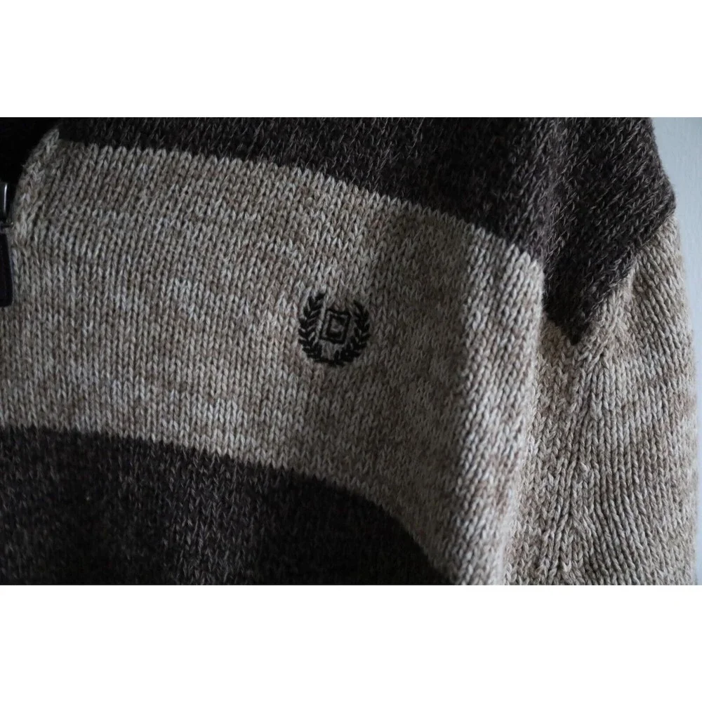 Chaps 1/4 Zip Pullover Sweater Men's XL Brown/Tan Striped Cotton Mock Neck Heavy - Picture 2 of 5